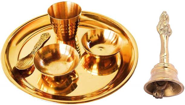 VADIK Brass Pooja Bhog Thali/Plate Set with Brass Pooja Bell for Home Temple Decor Gold @11cm Brass