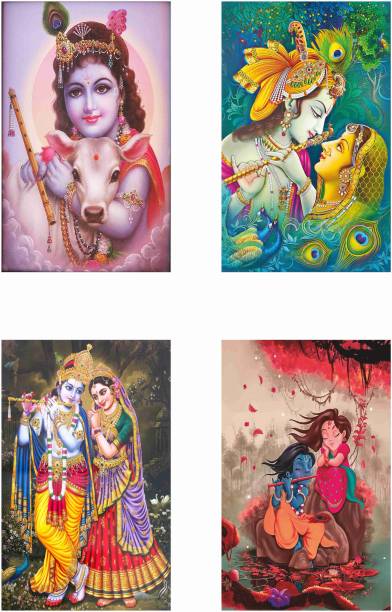 God Krishna Combo Poster Set of 4 Posters With Gloss Lamination M5 Paper Print