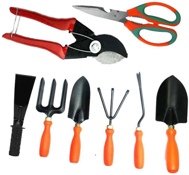 ERIN Garden Tool sets combo pack of 8 pcs ( Garden Tool Kit with Double cut, Multipurposes Scissor for garden & kitchen and Khurpa 2 Inches ) Garden Tool Kit