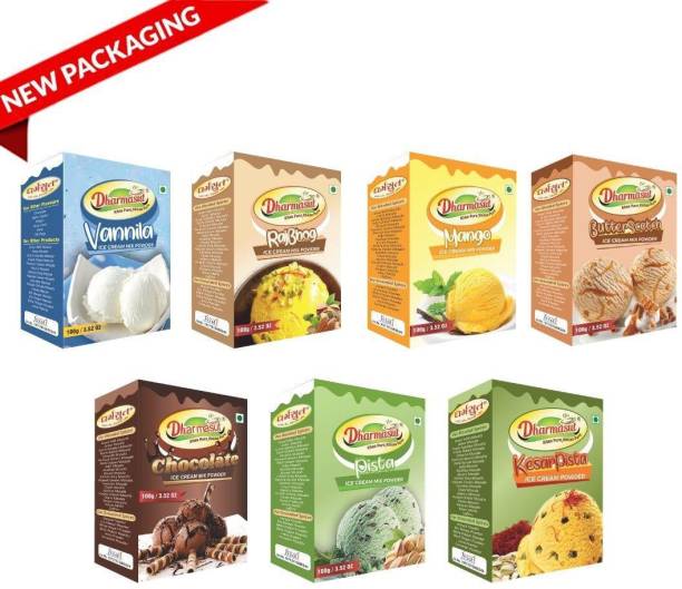 Dharmasut Vanilla + Chocolate + Butterscotch + Mango + Kesar Pista + Pista Rajbhog Instant Ice Cream Powder - Pack Of 7 ( 700 grm ) 700 g