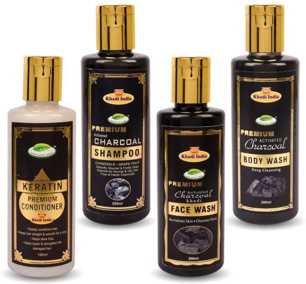 khadi natural herbal Premium Keratin Conditioner, Premium Charcoal Shampoo, Premium Charcoal Face Wash & Premium Charcoal Body Wash