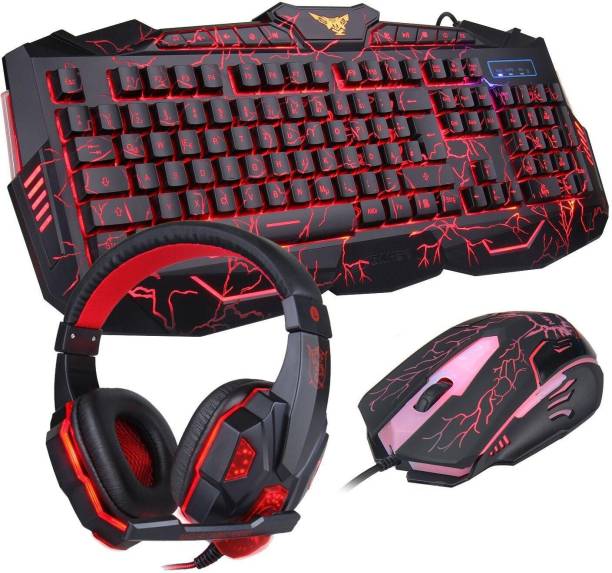 MFTEK Combo of LED Backlit Keyboard, USB Wired Gaming Mouse, Lighted PC Gaming Headset with Microphone Set and Mouse Pad, 3 Colors LED Backlit USB Wired Keyboard, Programmable 7 Button Lighted Gaming Mouse +Mouse Pad + Headphone for Computer PC Gamer Combo Set