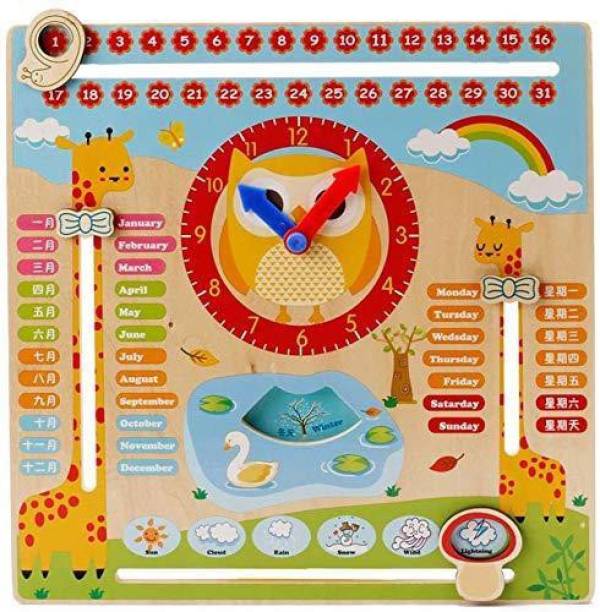 Vasoya Enterprise Time and Seasons Game Educational Wooden Clock Toy Calendar Board for 3 Year Olds and Up, Owl Design