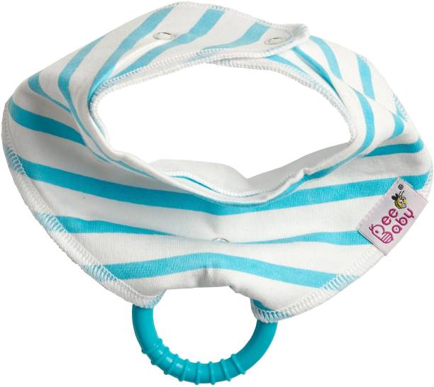 Beebaby Super Absorbent & Soft Bandana Bib with Snap-on Teether. 100% Waterproof & Washable. (Blue & White - Stripes) 3M+