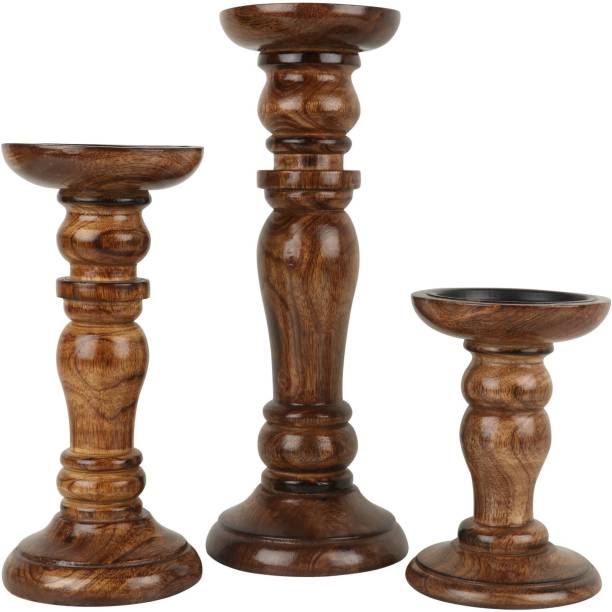 Amaze Shoppee Hand Crafted Wood Candle Holders for Living Room, Table Centerpiece Wooden Candle Holder Set