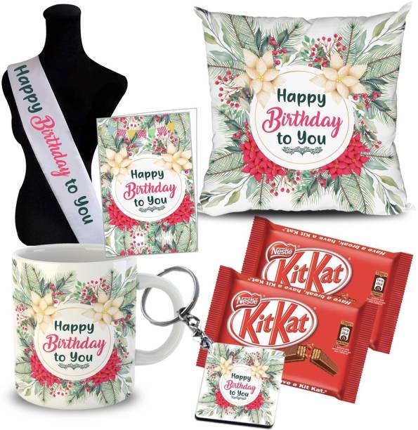 OddClick Happy Birthday Gift Combo Cushion Mug Greeting Card KeyChain Sash KitKat Chocolate Combo