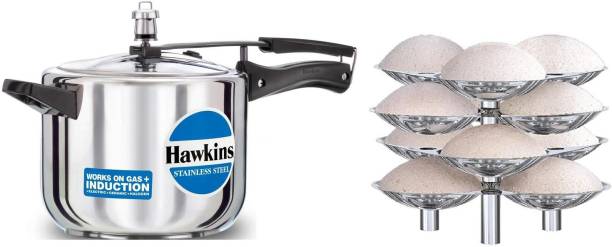 HAWKINS Stainless Steel Pressure Cooker, 5 litres and Stainless Steel Idli Stand, 12 Idlis, Combo 5 L Induction Bottom Pressure Cooker