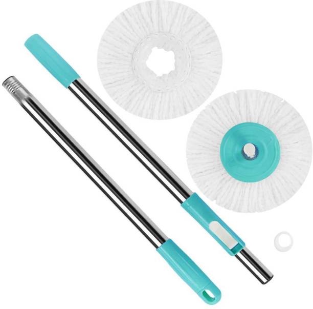 TWONE Spin Mop Stick Expandable Stainless Steel Stick Rod with 2 Refill (Aqua Green) Mop Head and Rod