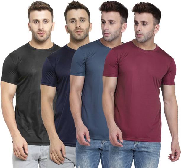 Pack of 4 TQH Men Dri Fit Polyester Half Sleeve Round Neck Multicolor t shirts - Combo of 4 Men Solid Round Neck Maroon, Blue, Black T-Shirt Price in India