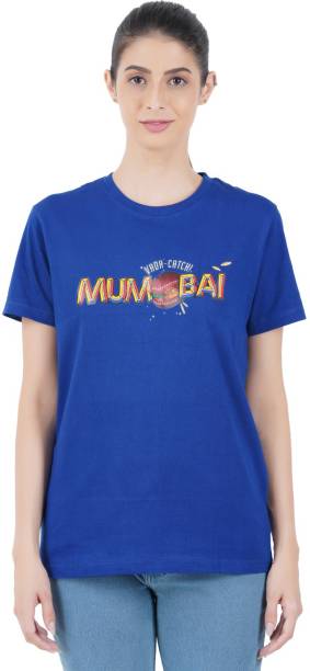 MIDAAS Printed Women Round Neck Blue T-Shirt