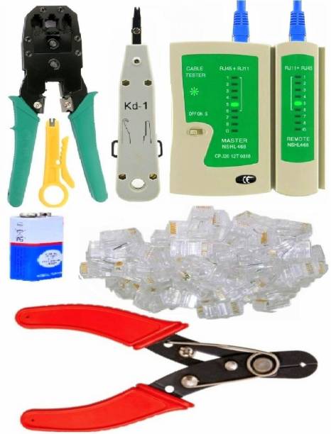 BALRAMA 31pc Combo Crimper + RJ 45 Cable Lan Tester with 9 Volt Battery + RJ 45 Cable Wire Connectors Modular Plugs + Wire Stripper Cable Cutter + Crimping Tool + Krone Kd-1 Tool Punch Down Tool Ht-315 Crimping Tool With Cable Stripping Punch Down Tool Rj45 Rj11 Rj12 4p 6p 8p 3-In-1 Modular Crimping Tool with Cutter & Stripper Wire Cable Stripping Electric Cable Wire Stripper Crimper Electrician Plier Cutter Crimping Cable Cutter Hand Tool for Lan Wire Cctv Camera Telephone Electric Wire Ethernet Network Lan Adsl Computer Maintenance Repair Tools Manual Crimper