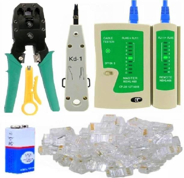 BALRAMA 55pc Combo Crimper + RJ 45 Cable Lan Network Tester with 9 Volt Battery + RJ 45 Cable Wire Connectors Modular Plugs + Crimping Tool + Krone Kd-1 Tool Punch Down Tool + Rotatary Mini Cable Wire Stripper Cutter Crimping Tool With Cable Stripping Punch Down Tool Rj45 Rj11 Rj12 4p 6p 8p 3-In-1 Modular Crimping Tool with Cutter & Stripper Wire Cable Stripping Electric Cable Wire Stripper Crimper Electrician Plier Cutter Crimping Cable Cutter Hand Tool for Lan Wire Cctv Camera Telephone Electric Wire Ethernet Network Lan Adsl Computer Maintenance Repair Tools Manual Crimper