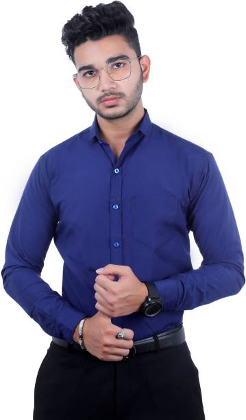 ALMORA Men Solid Formal Blue Shirt