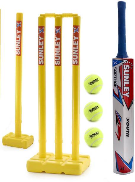 SUNLEY Sarthak Wooden Popular Willow Cricket Bat with 2 Wicket Set & 3 Tennis Ball/Cricket Set Full Size Cricket Kit