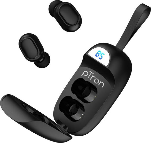 PTron Basspods 381 In-Ear True Wireless Bluetooth 5.1 Headphones with Deep Bass, 5 Hrs Playtime, Passive Noise Cancelation Earbuds with Built-in Mic & Digital Display Case Bluetooth Headset