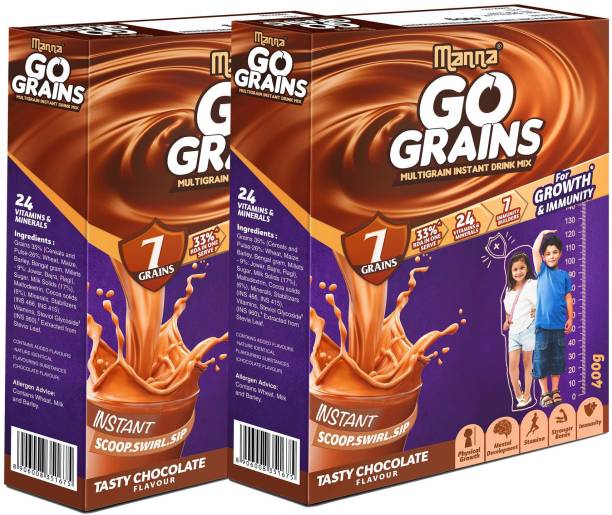 Manna Go Grains 800g (400g x 2 Packs) | Instant Multigrain Health & Nutrition Drink for Kids (Chocolate Flavour) | 7 Grains, 24 Nutrients for Growth, 7 Immunity Builders