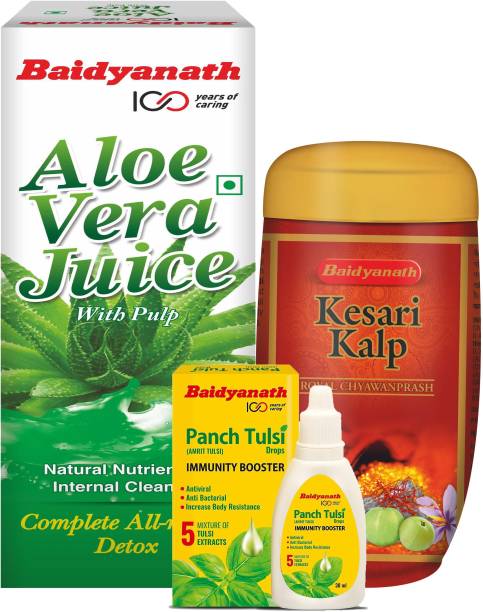 Baidyanath Healthy Gift Pack – Goodness of 99.6 % Pure Aloe Vera Juice-1 Ltr| Kesari Kalp Royal Chyawanprash 500 G | Panch Tulsi Drops 30 Ml | for Complete Care for all Age