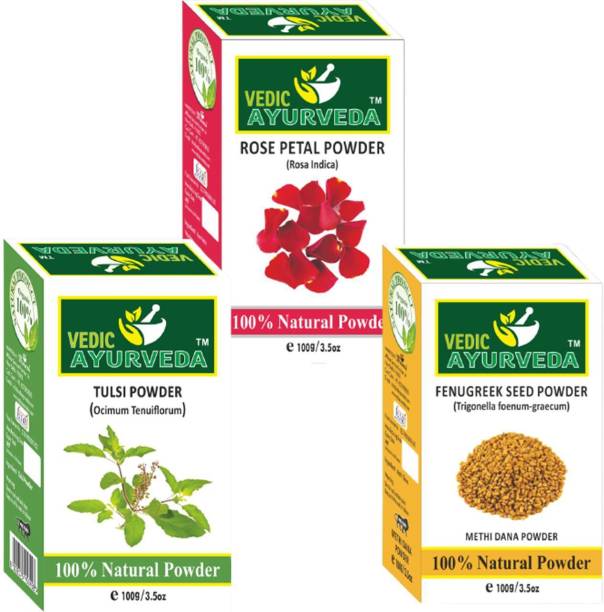 VEDICAYURVEDA Tulsi Powder, Fenugreek Powder & Rose Petals Powder for Skin - Pack of 3 (100% Organic)