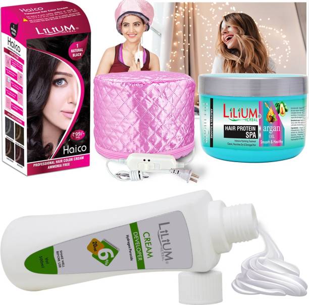 LILIUM Best Natural Hair Color, Hair Protein SPA, Hair Developer Cream 6% with Thermal Head Spa Cap. (GC1471) , Black