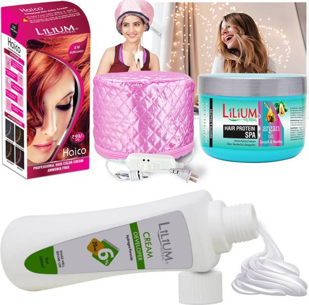 LILIUM Best Hair Color, Hair Protein SPA, Hair Developer Cream 6% with Thermal Head Spa Cap. (GC1469) , Burgundy