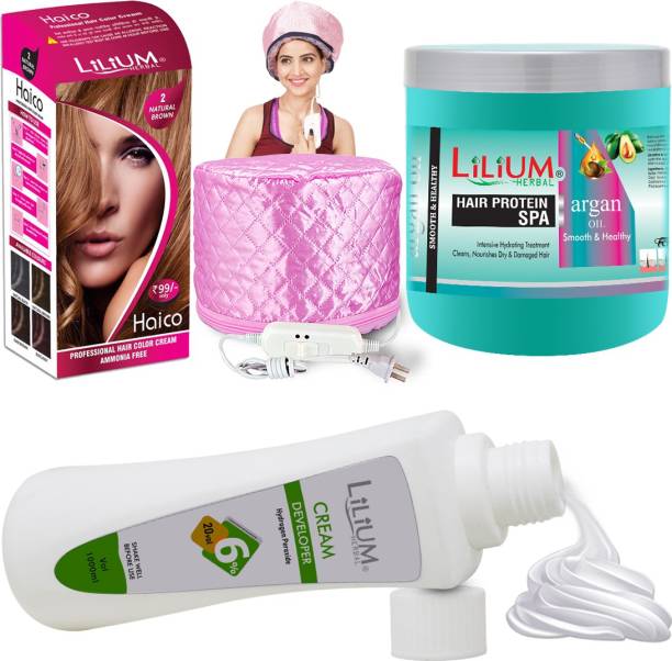 LILIUM Best Natural Hair Color, Hair Protein SPA, Hair Developer Cream 9% with Thermal Head Spa Cap. (GC1480) , Brown