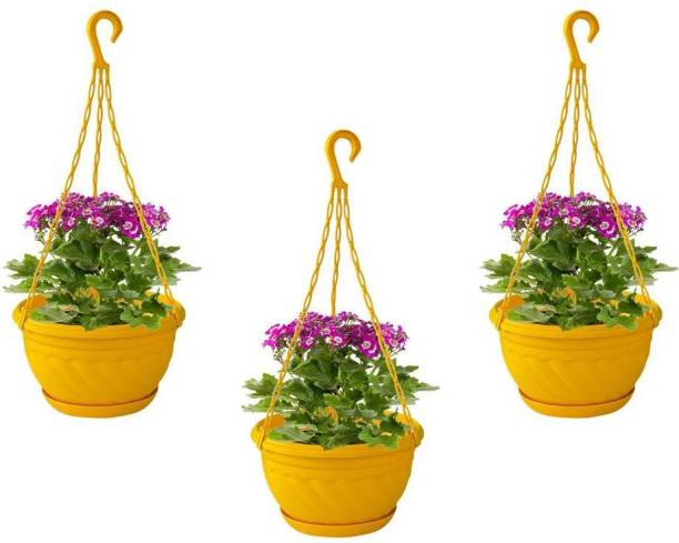 TrustBasket Plastic Hanging Basket Yellow (Set of 3) Plant Container Set