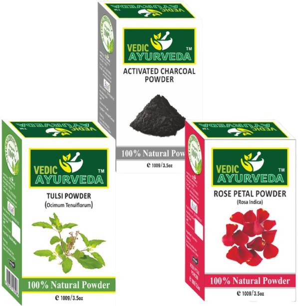VEDICAYURVEDA Tulsi Powder, Activated Charcoal Powder and Rose Petals Powder - Set of 3 (100% Natural)