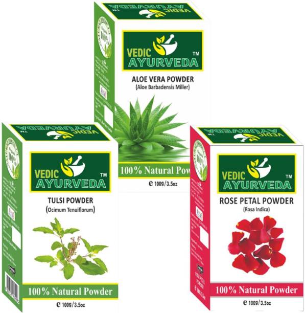 VEDICAYURVEDA Tulsi Powder, Aloe Vera Powder and Rose Petals Powder - Pack of 3