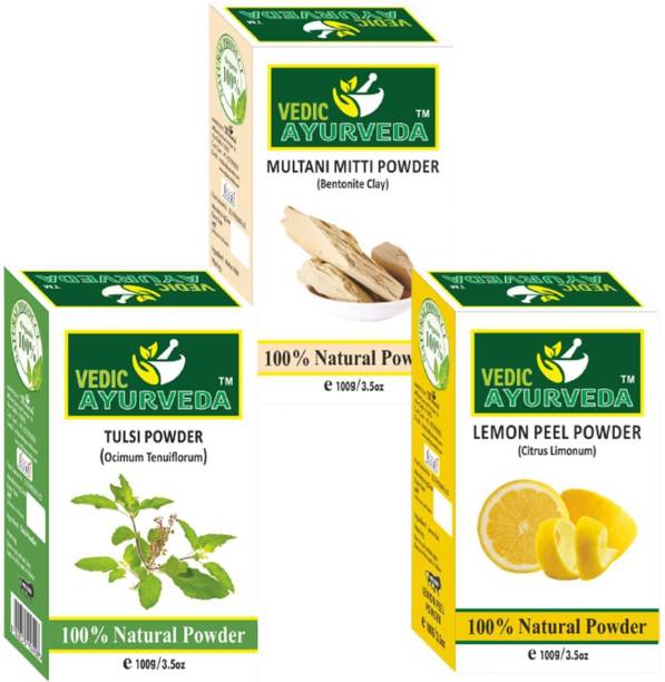 VEDICAYURVEDA Tulsi Powder, Lemon Peel Powder and Multani Mitti Powder for Skin - Pack of 3