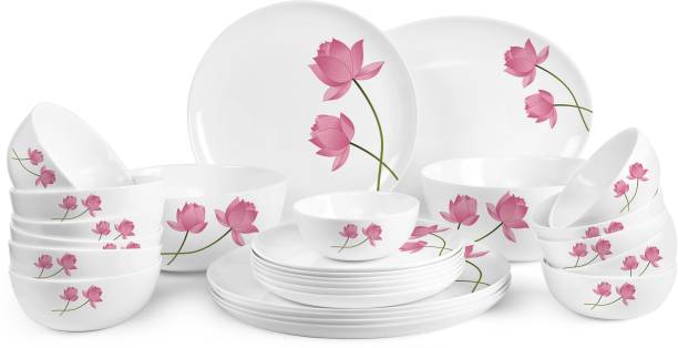 cello Pack of 27 Opalware Royale Pink Lotus 27 Pcs Dinner Set