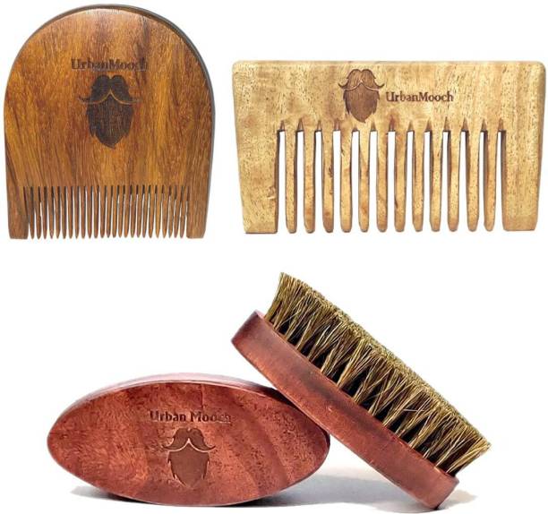 UrbanMooch Beard Grooming Kit - Boar Bristle Beard Brush, Neem Wood Hair Comb & Sheesham Wood Beard Comb