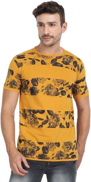 CHOZI Floral Print Men Round Neck Yellow T-Shirt