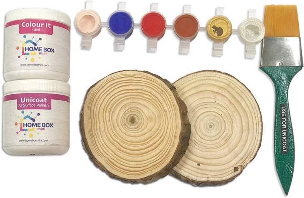 HOME BOX mini DIY Wooden Coaster Kit, Comes with 2 Wooden Coasters, ColorIt Acrylic White Paint, Unicoat Varnish, Set of 6 Water Colours and a Soft Bristle Brush