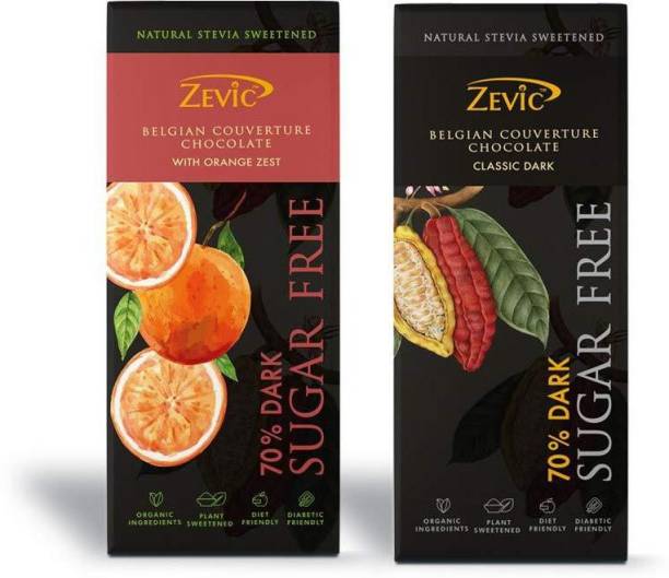 Zevic 70% Dark Belgian Sugar Free Chocolate | Diet Friendly | Natural Stevia Chocolate (Orange Zest + Classic Couverture) 40gm Bars Bars