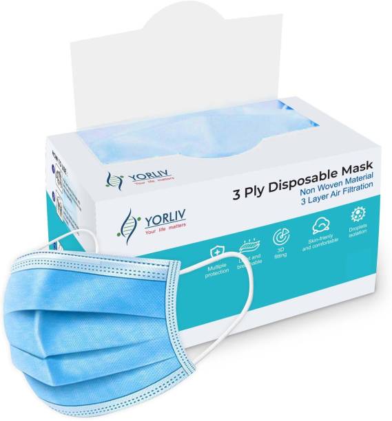 YORLIV 100 Pcs. 3 Ply Protective Mask With Nose pin, ISO Certified, Unbreakable Ear loops (Ultrasonically Welded) & Ultra Soft Ear loops (Box Sealed Packing) Disposable 3 Layer Pharmaceutical Breathable Surgical Pollution Face Mask For Men, Women and Kids 3 Ply Mask,100 Pcs. Water Resistant Surgical Mask