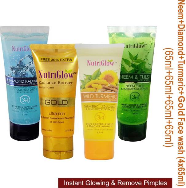 NutriGlow Combo of 4 Diamond  (65ml)|Gold  (65ml)|Turmeric  (65ml)|Neem tulsi  For Acne&pimple |Face Cleanser|Daily use Face Wash