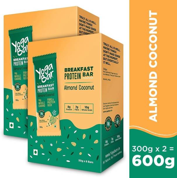 Yogabar Breakfast Protein-Bar Almond Coconut - Pack of 12, Wholegrain Low Fat Snacks with Millets and Oats, High in Protein (8g) and Fibre, Gluten Free Granola Bar with Chia and Flax Seeds Combo