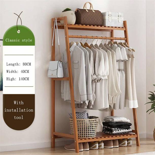 Naayaab Craft Heavy Duty Bamboo Clothe Garment Rack with Top Rod and Shoe Storage Shelves Bamboo Coat and Umbrella Stand