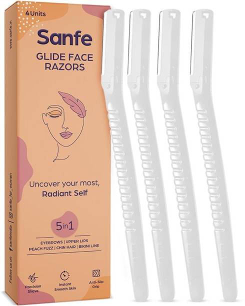 Sanfe Glide Face Razor for painfree facial hair removal (4 units) - upper lips, chin, peach fuzz - Stainless steel blade, comfortable, firm grip