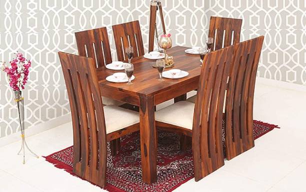 Custom Decor Solid Wood Foaster Dining Table Set Natural Teak Finish Solid Wood 6 Seater Dining Set