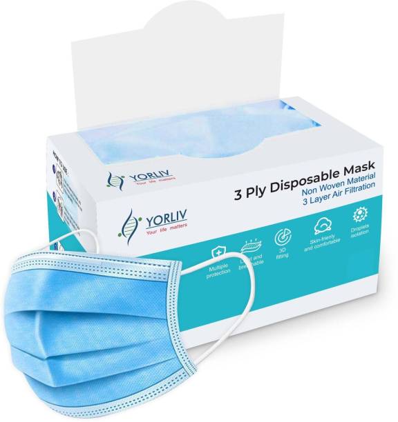YORLIV 100 Pcs. 3 Ply Mask With Nose Pin, Unbreakable Ear loops (Ultrasonically Welded) & Ultra Soft Ear loops (which does not hurt ears) (BOX SEALED PACKING) Disposable 3 Layer Pharmaceutical Breathable Surgical Pollution Face Mask For Men, Women, Kids 3 Layer Pharmaceutical mask 100 Pcs. Water Resistant Surgical Mask
