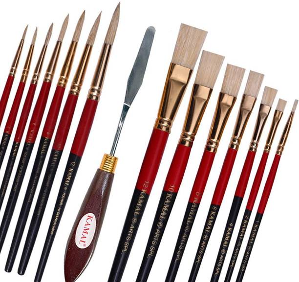 KAMAL Artist Quality Oil Painting Tool Kit with Flat and Round Hog Hair Brushes and Painting Knife for Oil, Acrylic, Poster, Fabric, Encaustic Painting
