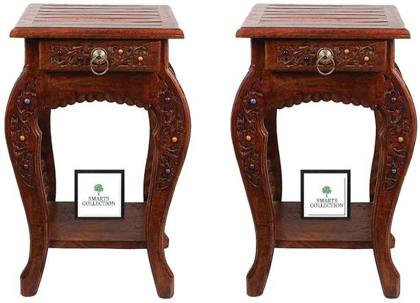 Smarts collection Bedside Table Antique Look Natural Wood with Drawer for Living Room Bedroom Side Standard Brown Set of 2 (Each Size 14 x 12 x 21 Inch) Solid Wood Side Table