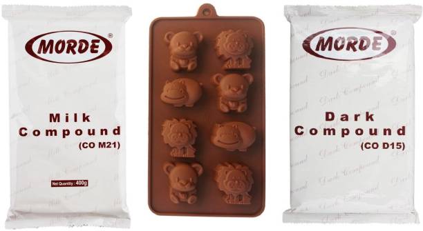 Morde Combo Of Milk & Dark Compound (400 G Each) & Silicone Chocolate Mould/Ice Mould - Lion, Pig, Teddy - Animal Shape Bars