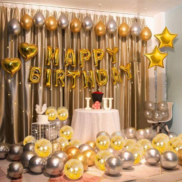 CherishX.com Solid Golden & Silver Birthday Decoration Party Supplies Kit - Pack Of 53 Pcs - Happy Birthday Foil, Star shape, Heart Shape, Confetti & Metallic balloons - for Husband, Wife, Boy, Girl Balloon