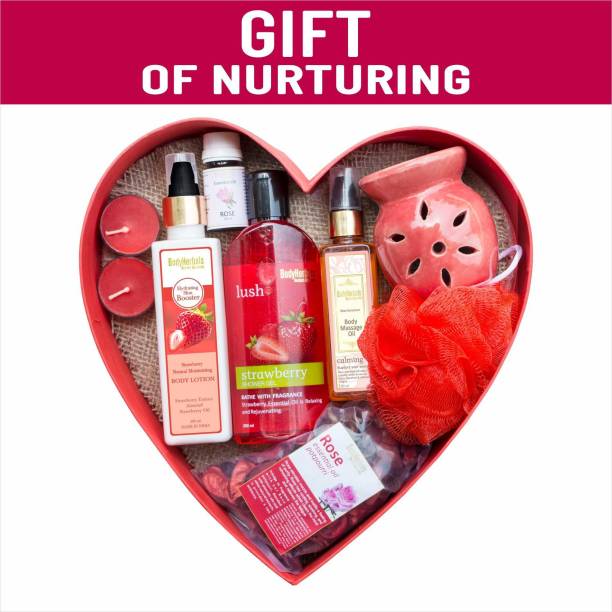 BodyHerbals Luxury Bath and Body Spa Hamper ? Pamper Time Gif Set (Strawberry Shower Gel 200ml, Strawberry Body Lotion 200ml, Rose Geranium Body Massage Oil 100ml, Aroma Diffuser, Rose Diffuser Oil 10ml, Rose Potpourri, Bath Puff, 2 Tea Lites) Bath Set & Kits, Gifts fo Best Friend, Gifts for Men and Women, Gifts for Couples, Wedding gifts, Anniversary Gifts, Gifts For couples