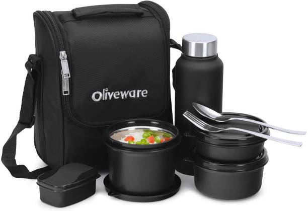 Oliveware Teso Pro Lunch Box | 3 Stainless Steel Containers | Plastic Pickle Box | Steel Spoon & Fork | Insulated Fabric Bag | Leak Proof | Microwave Safe | Full Meal | Easy to Carry | Black 4 Containers Lunch Box
