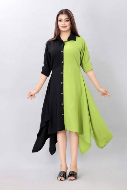 R TAZE Women Asymmetric Black, Light Green Dress