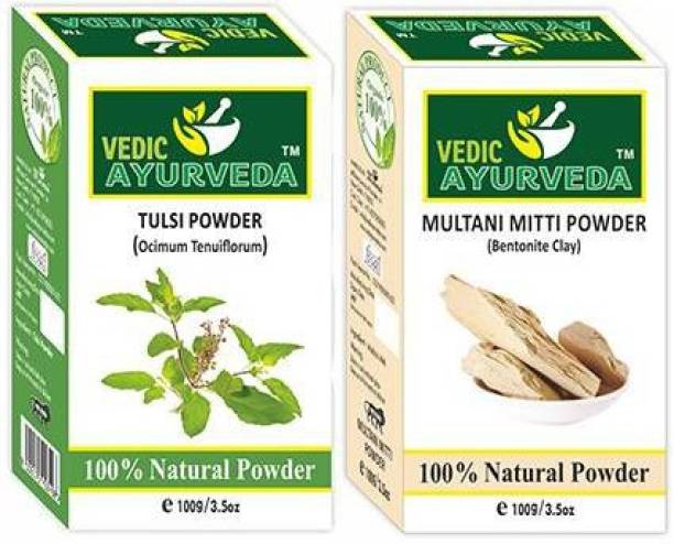 VEDICAYURVEDA Herbal Tulsi Powder and Multani Mitti Powder - Combo Pack