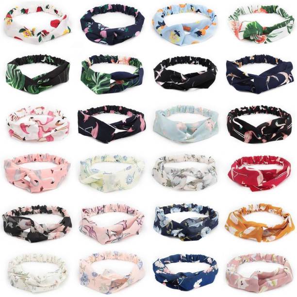 Fashion Alley Women's Korean Style Solid Fabric Cross Knot Stretchable Bohemian Floral Bandeau Hairband, 24 pieces (Multicolour) Hair Band